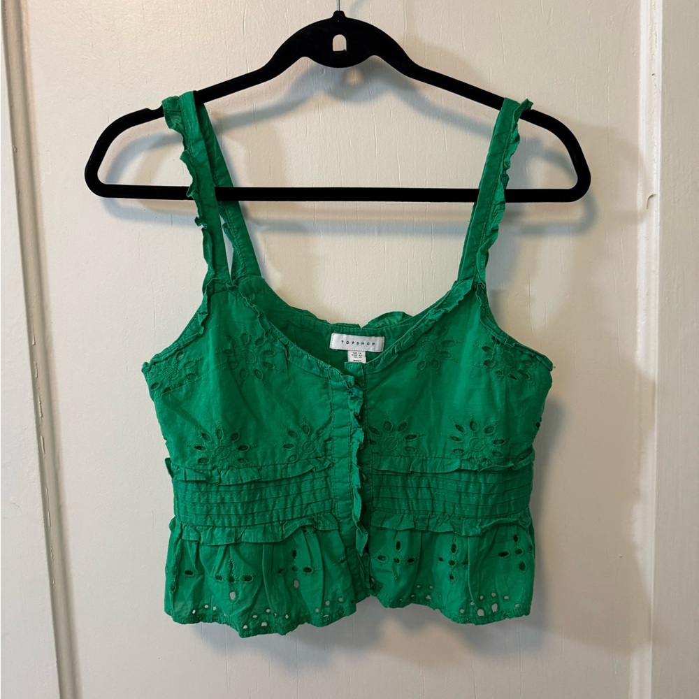 Topshop Green Eyelet Ruffle Crop Top